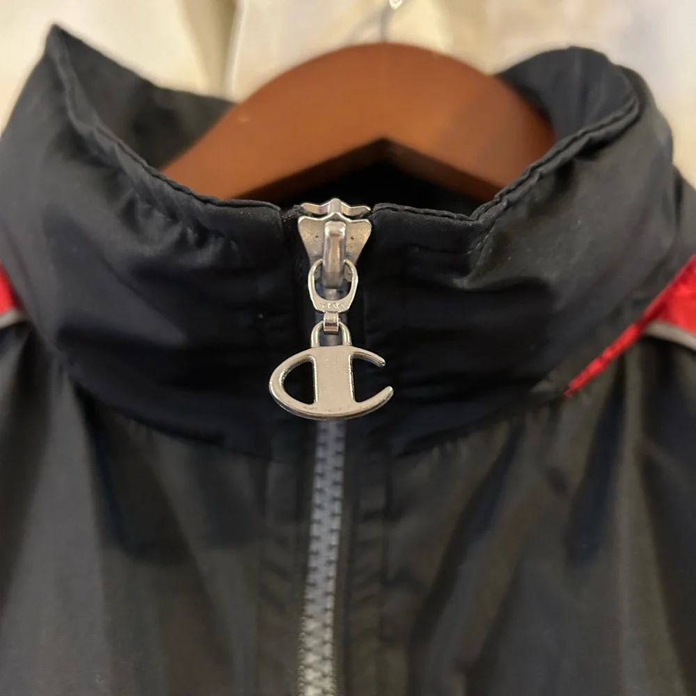 Vtg Rare Champion Windbreaker Quarter Zip Jacket‎ Hooded Reflective Red Black Lg